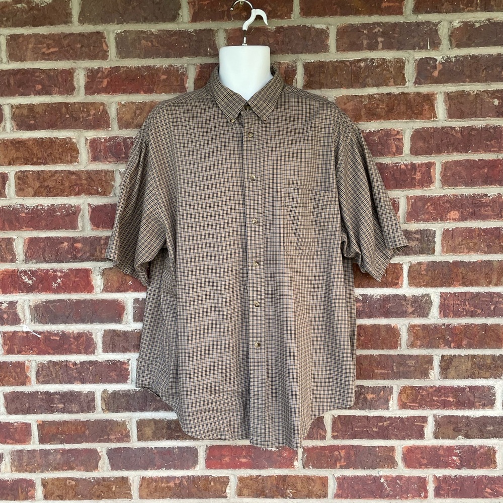 Men’s Roundtree & Yorke Brown Checked Button Down Short Sleeve Shirt Size XXL